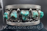 Vintage Herman Smith Navajo Sterling Silver Turquoise Bracelet 97.9 Grams