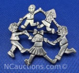 Vintage EFS Sterling Silver Circle Of Children Brooch Pin 9 Grams