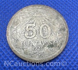 1921 Mexico 50 Centavosa 72% Silver Coin 8 Grams