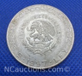 1957 Mexico Cinco Pesos 72% Silver Coin 18 Grams