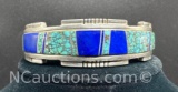 Navajo Sterling Silver Turquoise Inlay Cuff Bracelet 38 Grams