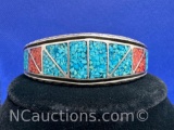 Navajo Sterling Silver Turquoise and Coral Inlay Cuff Bracelet 34 Grams