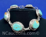 JR Navajo Sterling Silver Turquoise Link Chain Bracelet 44 grams