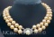Double Strand Creamy Gold Tone Irridescent Pearls Necklace Faux Diamond Clasp 90 Grams
