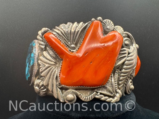 SIGNED RARE APACHE CARLOS WHITE EAGLE CORAL,TURQUOISE STERLING SILVER BRACELET153 GRAM