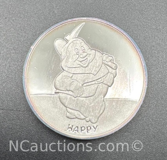 Disney 1 Troy Oz .999 Fine Silver Happy Bullion Coin with COA