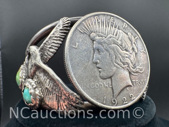 Vintage Sterling Silver Turquoise Peace Dollar Cuff Bracelet 70 Grams