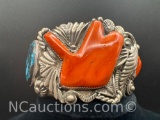 SIGNED RARE APACHE CARLOS WHITE EAGLE CORAL,TURQUOISE STERLING SILVER BRACELET153 GRAM