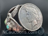 Vintage Sterling Silver Turquoise Peace Dollar Cuff Bracelet 70 Grams