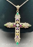 Sterling Silver Multicolor Stone Cross Pendant Necklace 20 Grams
