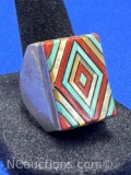 Sterling Silver Zuni Inlaid Turquoise Coral Mother of Pearl Ring 19 Grams Size 10