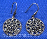 Sterling Silver Round Filigree Marcasite Drop Earrings 5 Grams