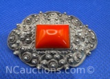 Sterling Silver Coral Brooch Pin 9 grams