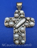 Jay King DTR Sterling Silver Biwa Pearl Cross Pendant 28 grams