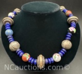 Lapis Cloisonne Silver Bead Necklace 92 Grams