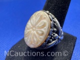 Navajo Sterling Silver Carved Flower Stone Ring 12 Grams Size 6.6