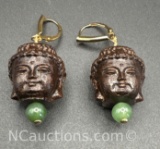 Gold Filled Rusewood Jade Buddha Earrings 13 grams