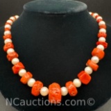 Coral And Pearl Necklace 14k Gold Clasp 39 grams