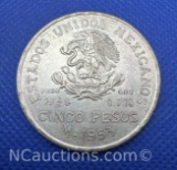 1953 Mexico Cinco Pesos 72% Silver Coin 27 Grams