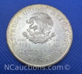 1953 Mexico Cinco Pesos 72% Silver Coin 27 Grams