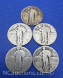 5 Standing Liberty 90% Silver Quarters 29 Grams