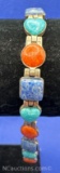Sterling Silver Turquoise and Coral Bracelet 12 Grams