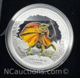 Frilled Neck Lizard 1 Troy Oz .999 fine Silver Bullion Coin With COA