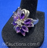 Sterling Silver Purple Amethyst Flower Cluster Ring 5 Grams Size 10