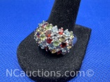 Sterling Silver Multi Color Cluster Stone Ring 7 Grams