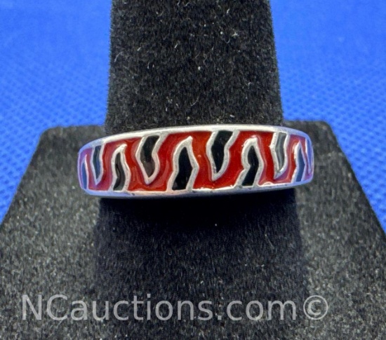 Sterling Silver Black and Red Enamel Flame Ring