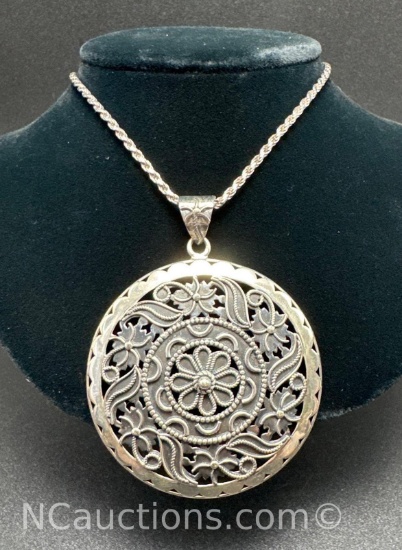 Sterling Silver Mandala Pendant Twist Rope Chain Necklace 28 Grams
