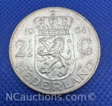 1964 Netherlands 2 1/2 Gulden 72% Silver Coin 15 Grams