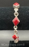 Sterling Silver Red Coral Inlay Diamond Link Bracelet 24 grams