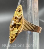 Vintage 10k Gold Floral Filigree Shield Diamond Center Stone 2 Grams Size 7.5