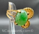 Vintage 14k Gold Jade And Diamond Cocktail Ring 10.3 Grams Size 4