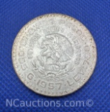 1957 Mexico Cinco Pesos 72% Silver Coin 18 grams