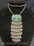 Vtg Goldette Reticulated Owl Pendant Necklace silver tone 140g