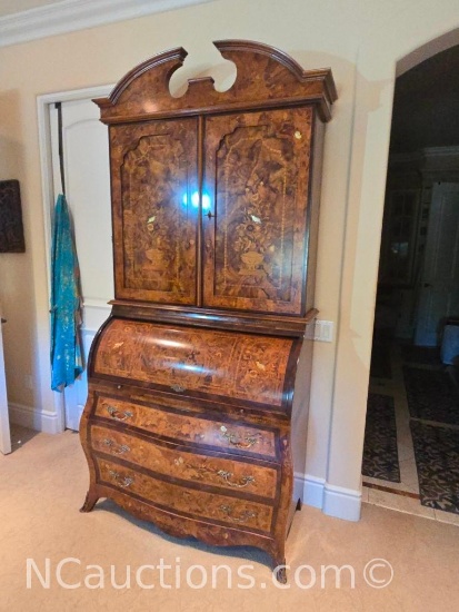antique burr walnut bureau secretary desk, featuring extensive marquetry inlay