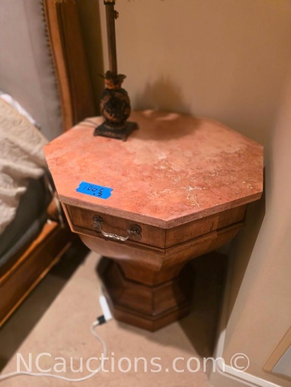 Pair of hexagonal wooden pedestal side table marble top