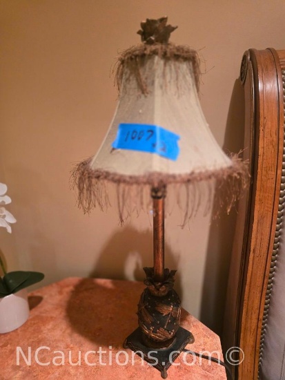 pair of vintage pineapple-motif table lamps fringed bell shade