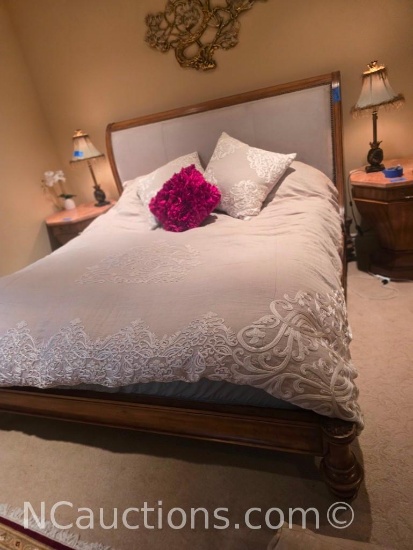 wooden bed frame with a beige Suede leather headboard