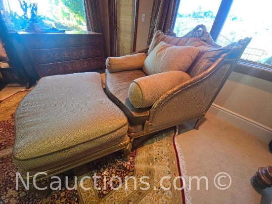 Louis XV-style chaise lounge and ottoman with a gold leaf finish and caning.