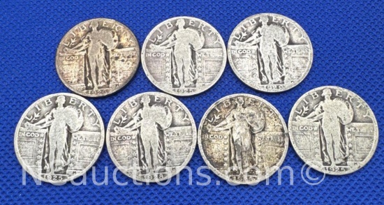7 Standing Liberty 90% Silver Quarters 41 grams