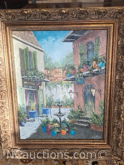 oil on canvas painting signed says Myrl D'Arcy French Quarter Patio