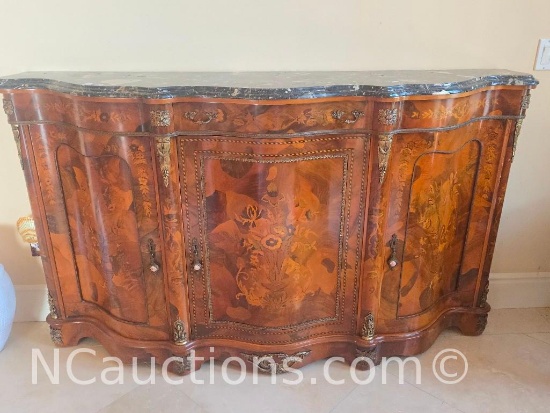 French Louis XV style burl-walnut and fruitwood marquetry marble-top credenza