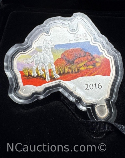 2016 Australian Map Shaped Dingo 1 Troy Oz .999 Fine silver Bullion With COA