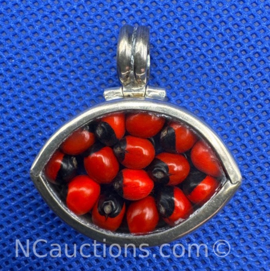 Vintage 950 Silver Peruvian Huayruro Seed Pendant 6 Grams
