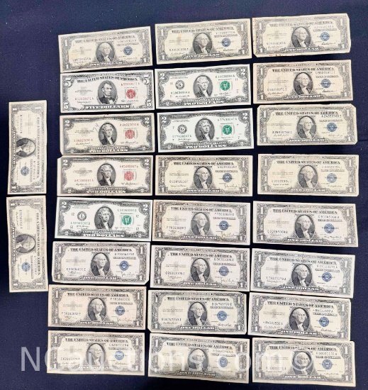 $35 Face Value US RED & BLUE Label $5, $2- & $1-Dollar Silver Certificates, Old Bills Genuine