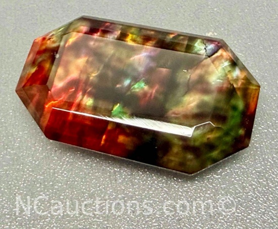 30ct Opal Like Ammolite Doublet, Red, Greene & Yellow hues emerald shape
