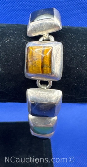 Vintage Mexico Sterling Silver Tigers Eye Black Onyx Link Bracelet